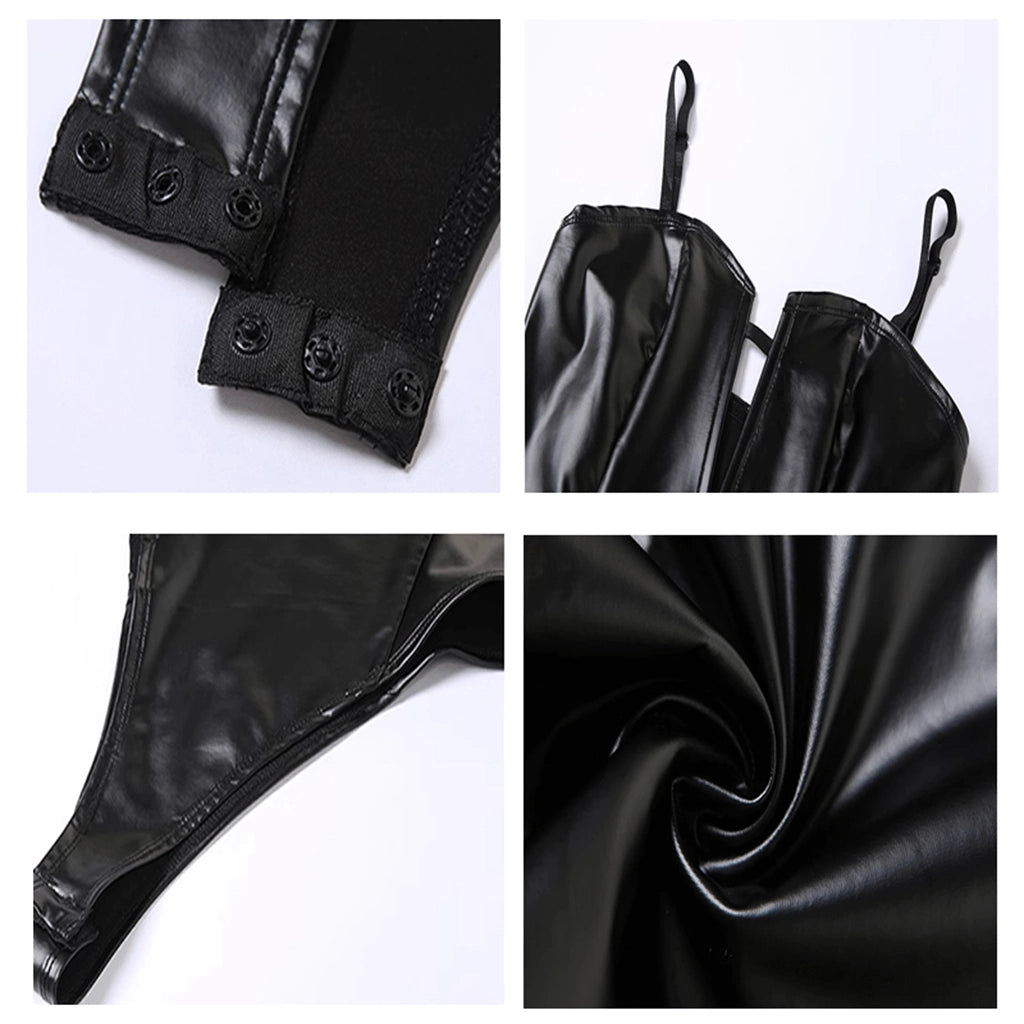 Black Plunge Leather Bodysuit