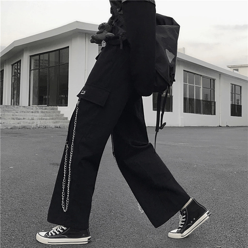 Black Streetwear Pants with Chains