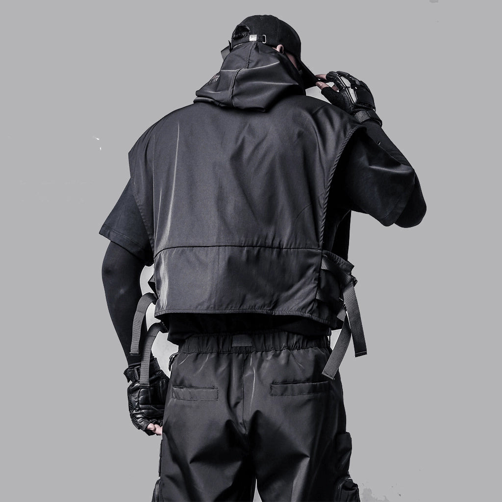 Black Techwear Hooded Vest