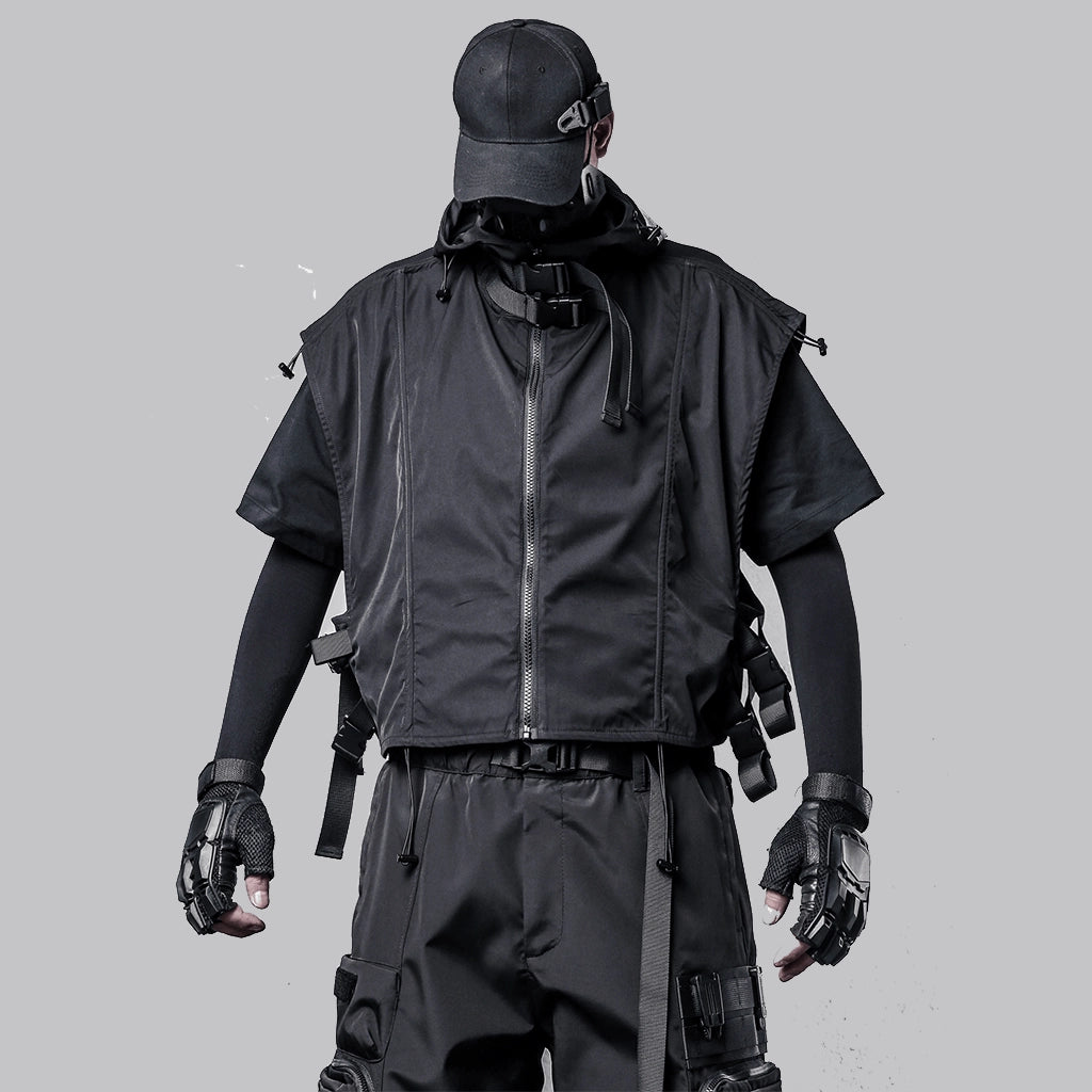 Black Techwear Hooded Vest