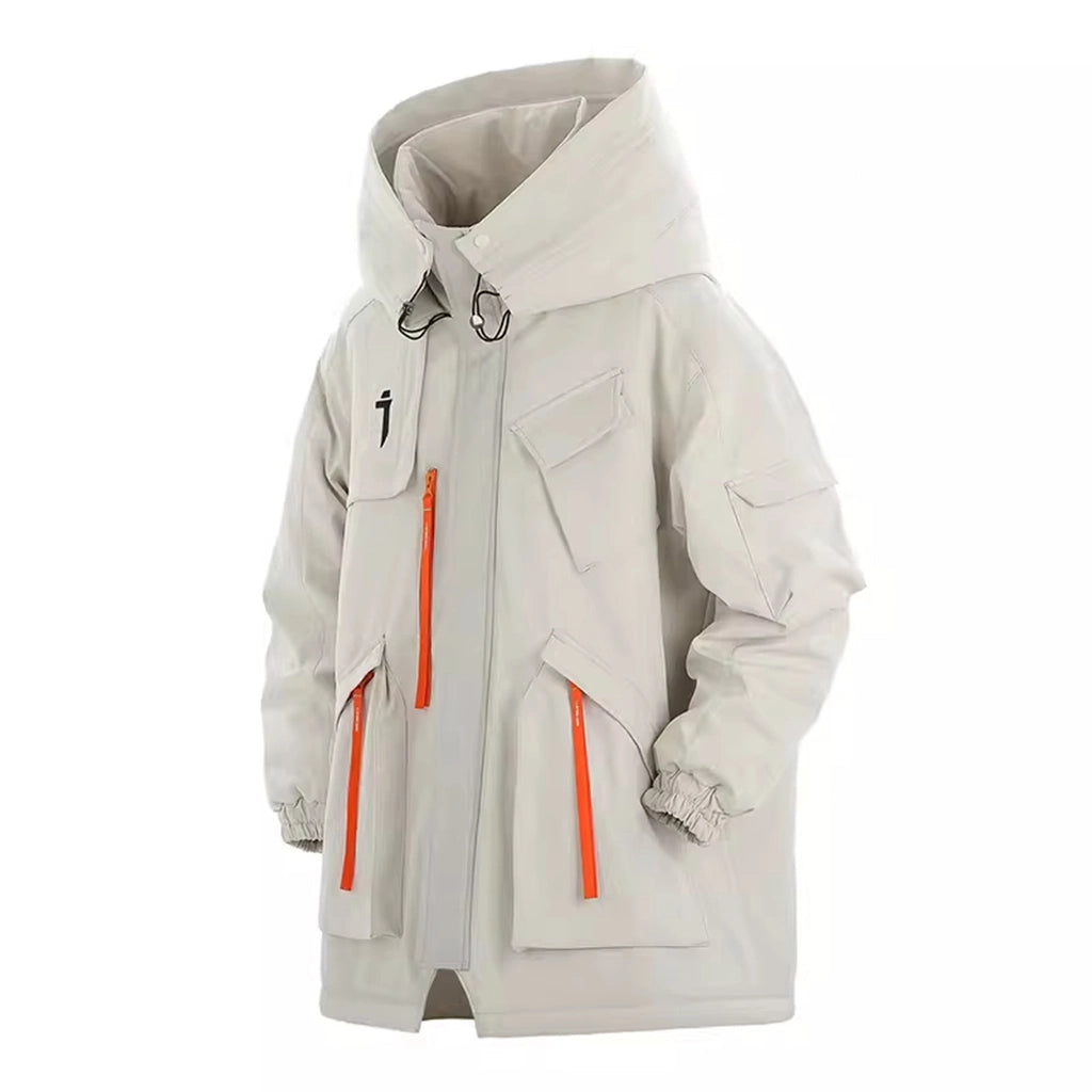 Insulated jacket for winter survival with high neck hood and tactical pockets, ideal for harsh weather conditions.