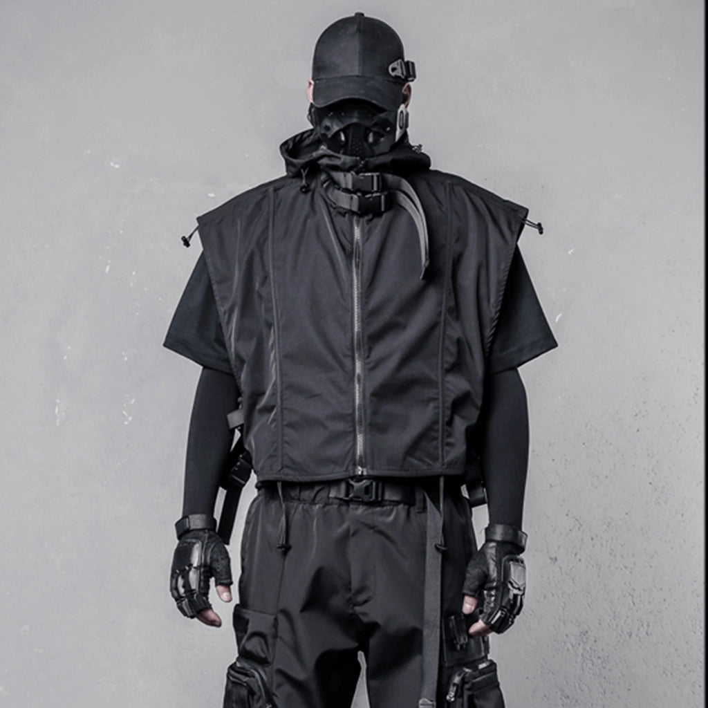 Black Techwear Hooded Vest